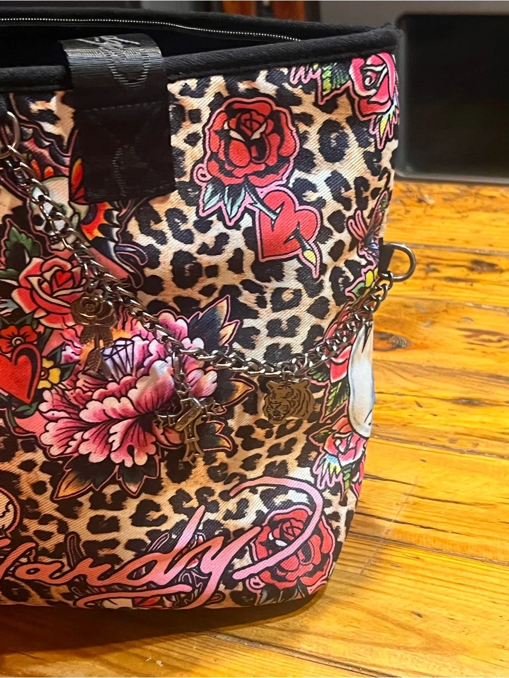 Floral Leopard Print Tote Bag with Skull Accents - Pink